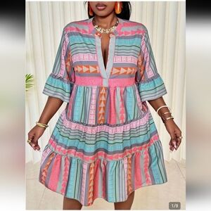 4X Geometric Ruffle Sleeve Mini Dress